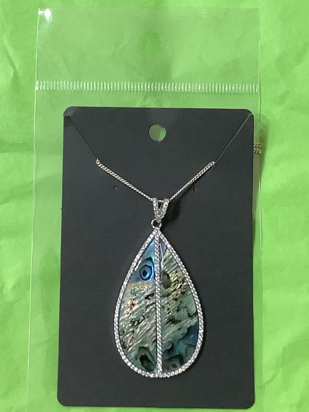 925 Sterling Silver Abalone Teardrop Pendant Necklace with crystal accents. NWT - Picture 4 of 6